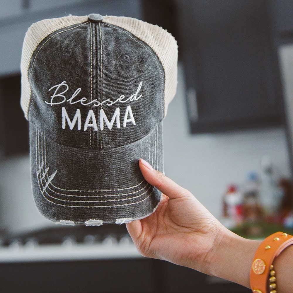 Script Blessed Mama Embroidered Black Distressed Trucker Hat